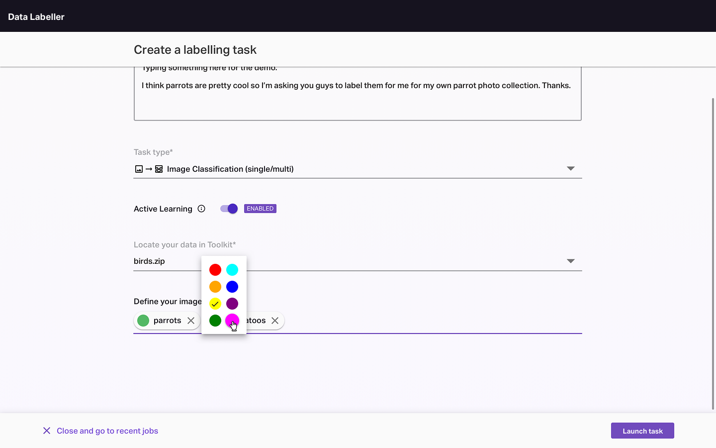 A high-fidelity prototype of AI Labeller create task screen.